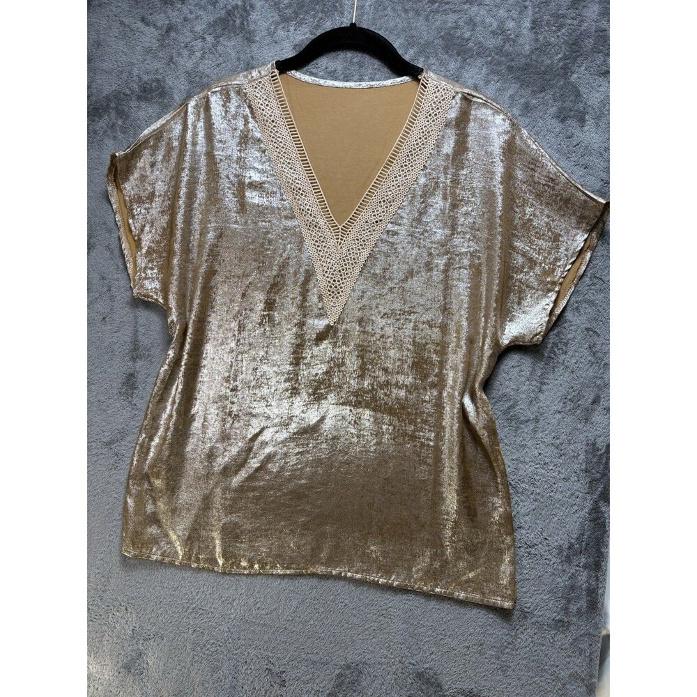 Women’s Gold Velvet Lace V-Neck Short Sleeve Pullover Blouse Polyester M